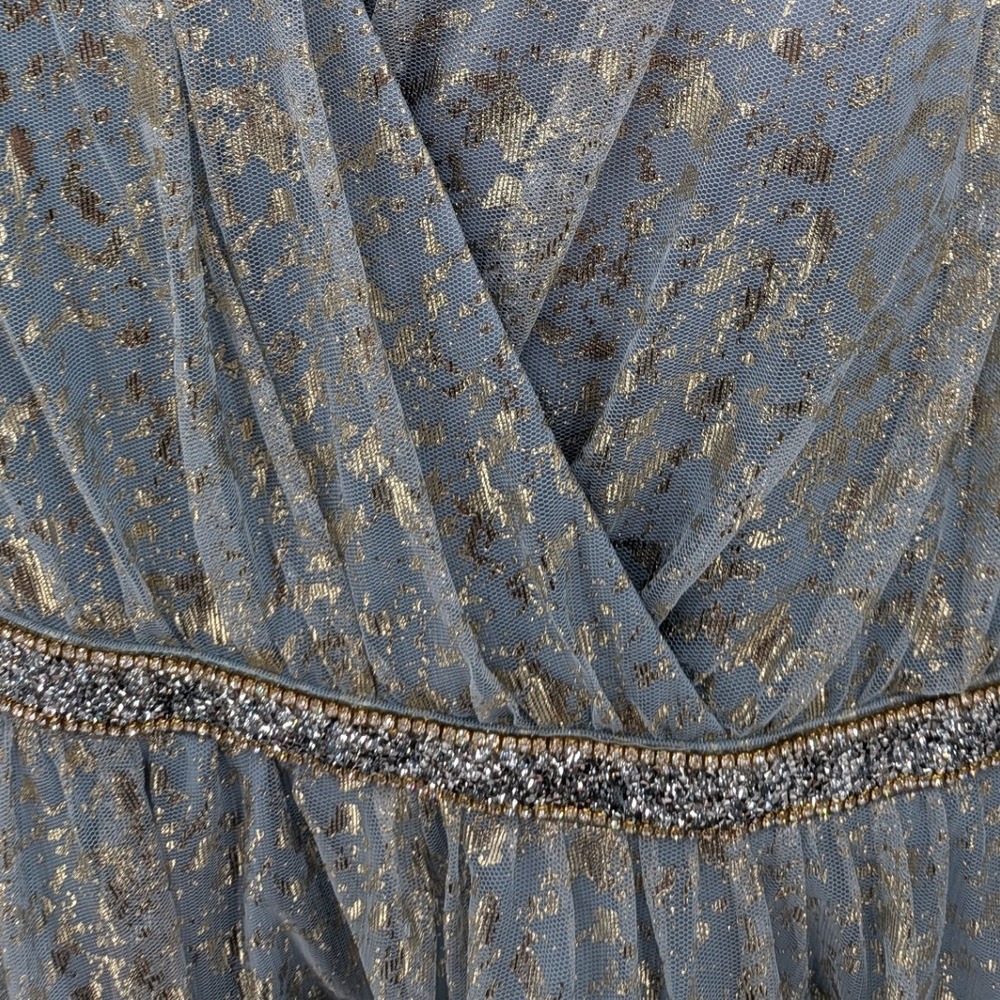 Prom Wedding Fairy Elegant Icy Blue Gold Metallic David's Bridal Maxi 21 Dress - Picture 4 of 12